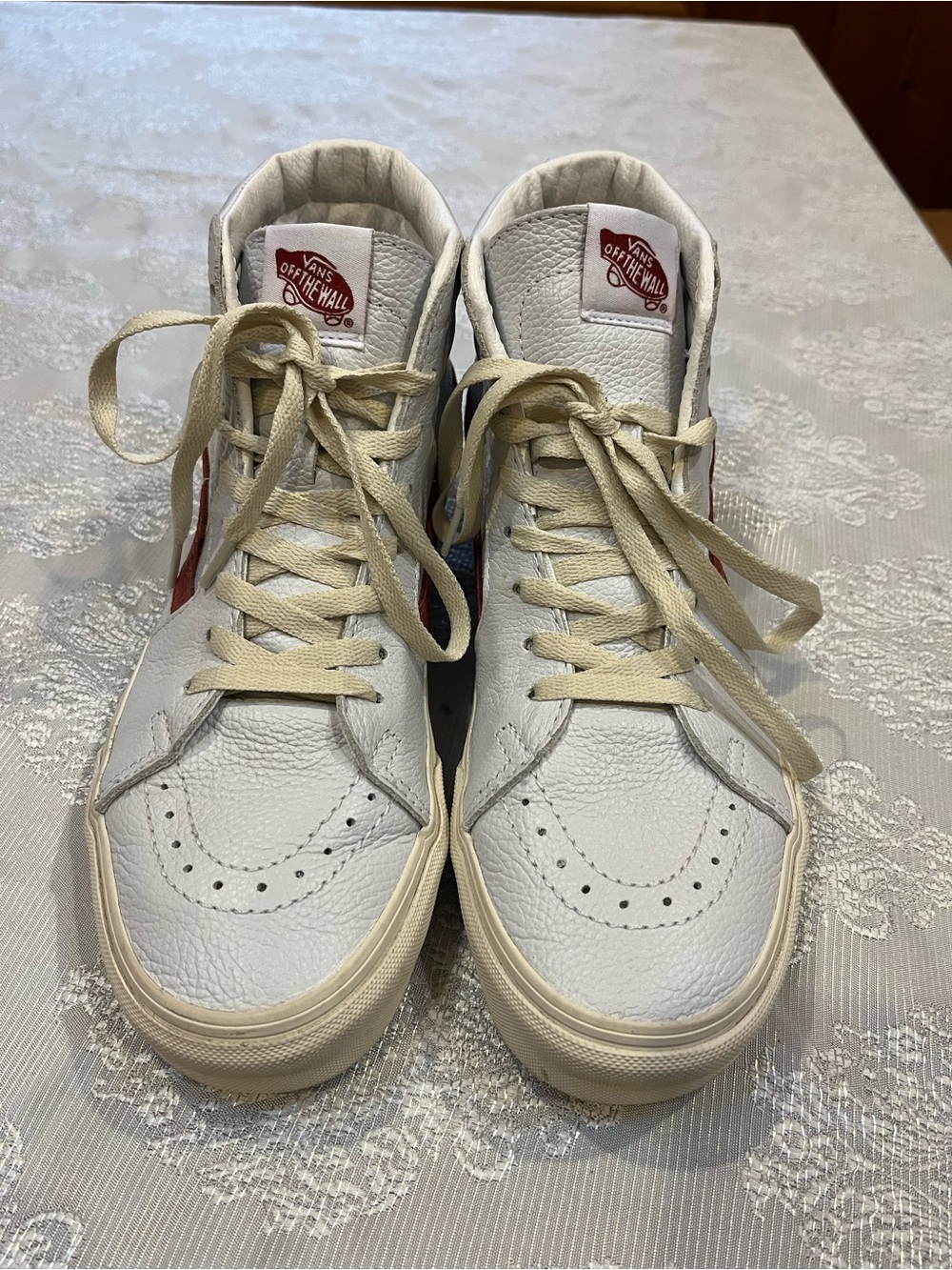 Vans White High-Top Sneakers with Cream Laces and Red Logo